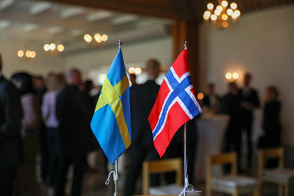The flags of Norway and Sweden during the reception at the House of Norway. 