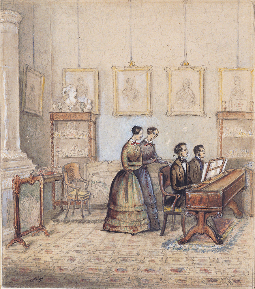 Sketch of Princess Eugénie: A singing lesson with her brother, Prince Gustaf, in early spring 1849. "Brother Gustaf, Court Singer Mr Berg, Maid of Honour Mathilda Bennet and Eugénie."