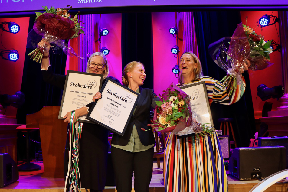 Jenny Stanser, Denice Sverla och Ulrica Colliander som tilldelades utmärkelser på Skolledargalan 2021. Ulrica Colliander tilldelades utmärkelsen "Årets värdegrundsarbete" som Prinsparets stiftelse står bakom.