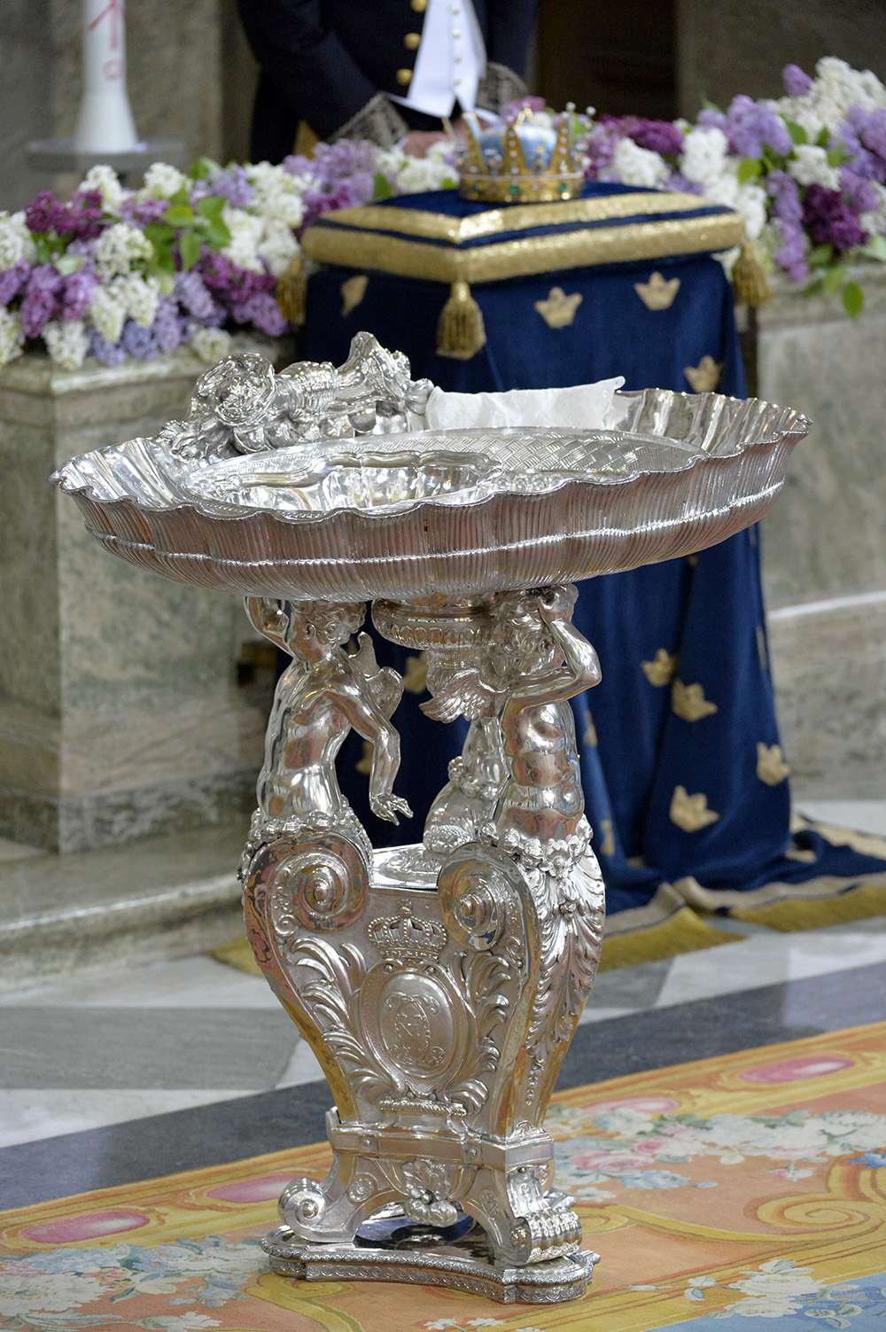 The silver baptismal font in the Royal Chapel at the Royal Palace before Prince Oscar's christening in May 2016. 