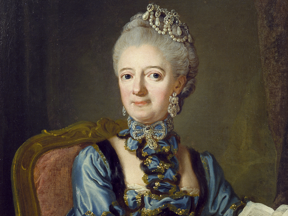 Drottning Lovisa Ulrika instiftade Kungl. Vitterhetsakademien den 20 mars 1753. Under Akademiens första tid gick den under namnet ”Drottningens akademi”, då den styrdes av sin stiftarinna. Drottning Lovisa Ulrika porträtterad av Lorens Pasch d.y. Bilden är beskuren.