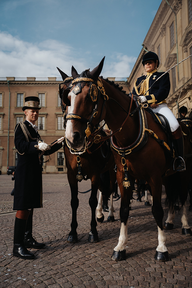 The horses from the Royal Stables are prepared for the cortège. 