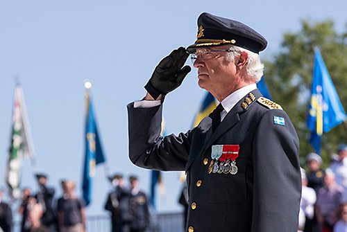Kungen framför det nationella veteranmonumentet på Kungl. Djurgården.