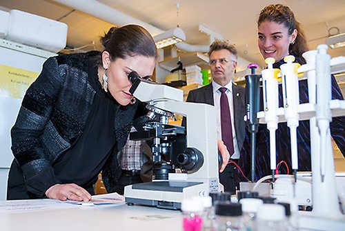 Kronprinsessan tar del av forskningen kring mikroplaster i svensk fisk, tillsammans med landshövding Anders Danielsson och Bethanie Carney Almroth. 