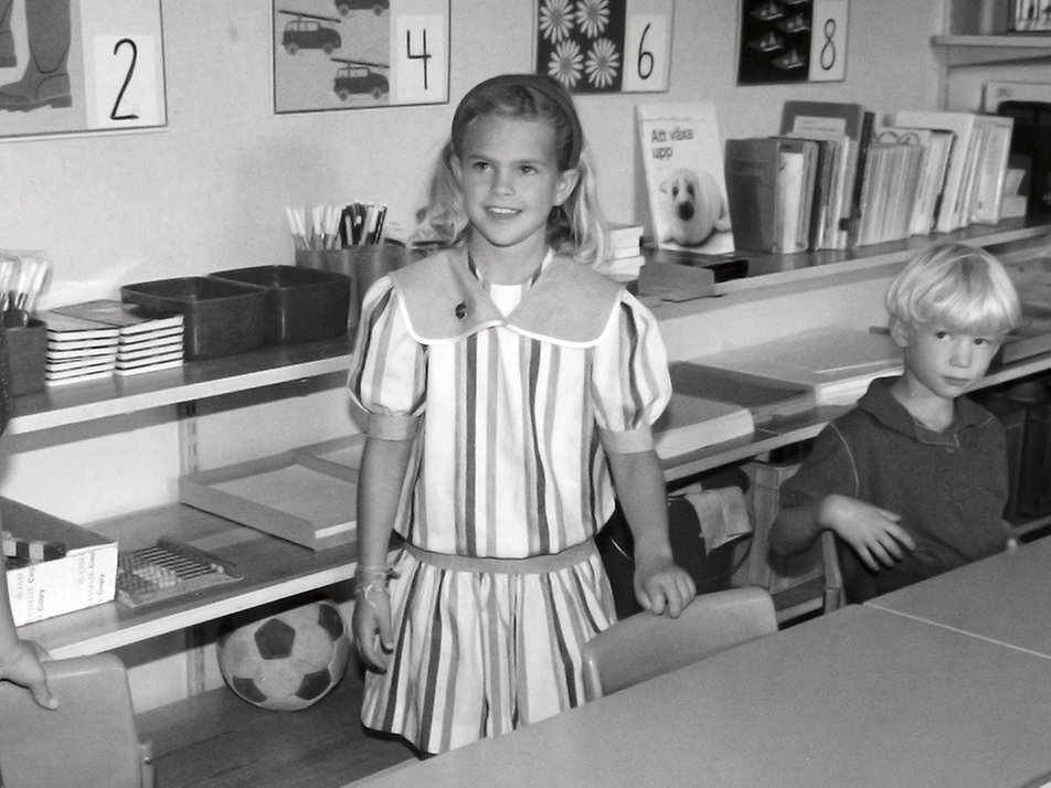 Princess Madeleine in the classroom on her first day of school at Smedslätt School in Bromma near Stockholm, 21 August 1989. 