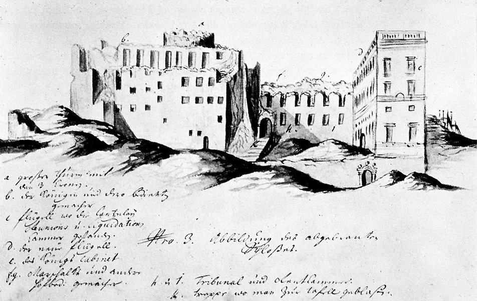 Teckning av slottet Tre Kronors ruiner efter branden 1697.
