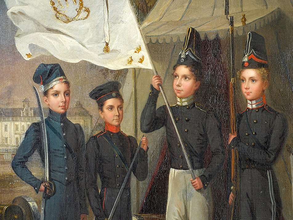 Fredrik Westin's painting of Oskar I's sons Karl, Gustav, Oskar and August as boys in military uniforms, standing outside Drottningholm Palace. 